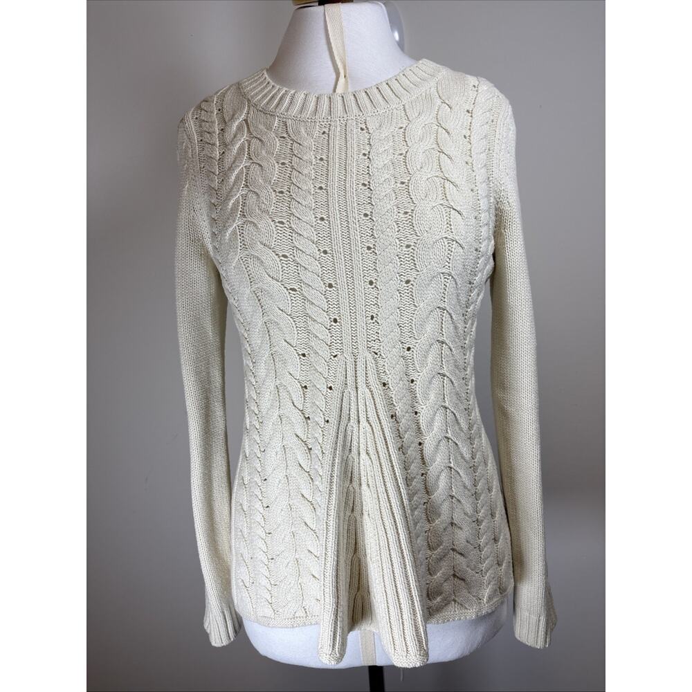 CABI Cottagecore Ethereal Corset Lace Up Cable Knit Sweater Cream Ivory S